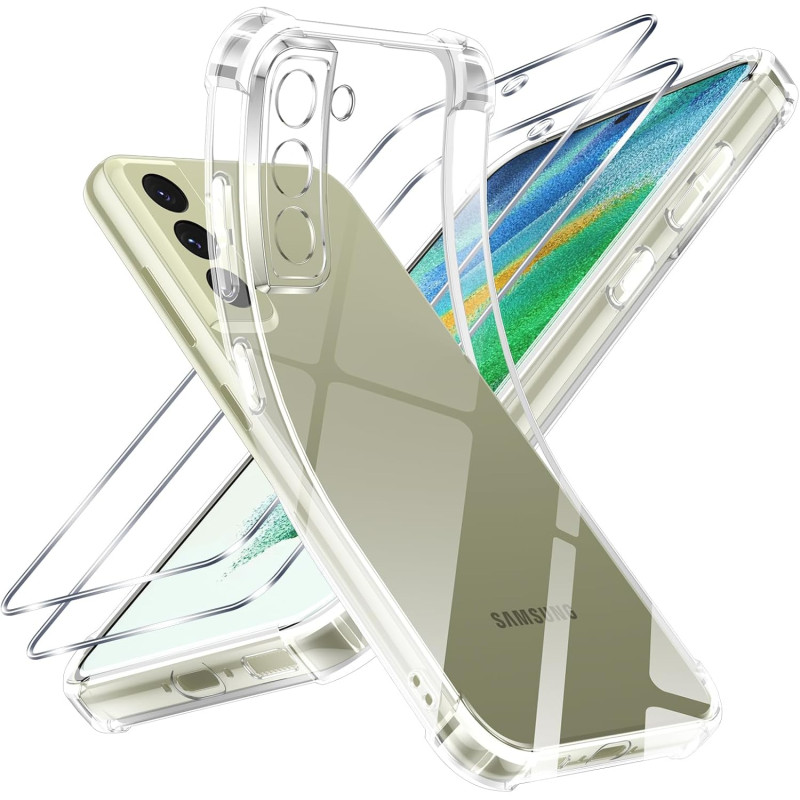ZhuoFan Coque pour Samsung Galaxy S21 FE 5G avec 2 Pièces Verre Trempé, Transparente TPU Silicone Bumper Case, [Coussin d'air In
