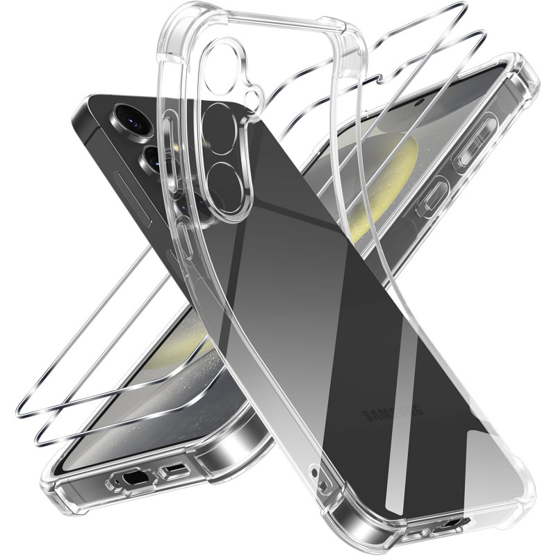 ZhuoFan Coque pour Samsung Galaxy S24 5G avec 2 Pièces Verre Trempé, Transparente TPU Silicone Bumper Case, [Coussin d'air Intég