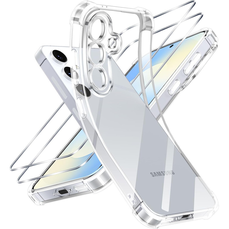 ZhuoFan Coque pour Samsung Galaxy S25 FE avec 2 Pièces Verre Trempé, Transparente TPU Silicone Bumper Case, [Coussin d'air Intég