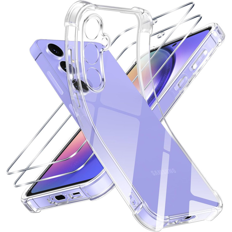 ZhuoFan Coque pour Samsung Galaxy A54 5G avec 2 Pièces Verre Trempé, Transparente TPU Silicone Bumper Case, [Coussin d'air Intég