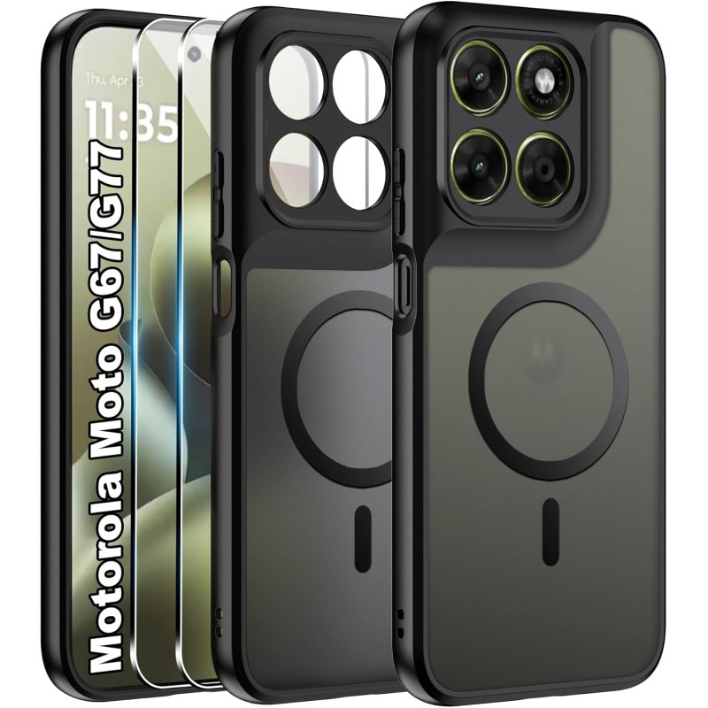 Effcotuo Magnétique Coque pour Motorola Moto G67/G77 5G Case avec MagSafe avec Verre Trempé Protection écran Anti-Chute Silicone