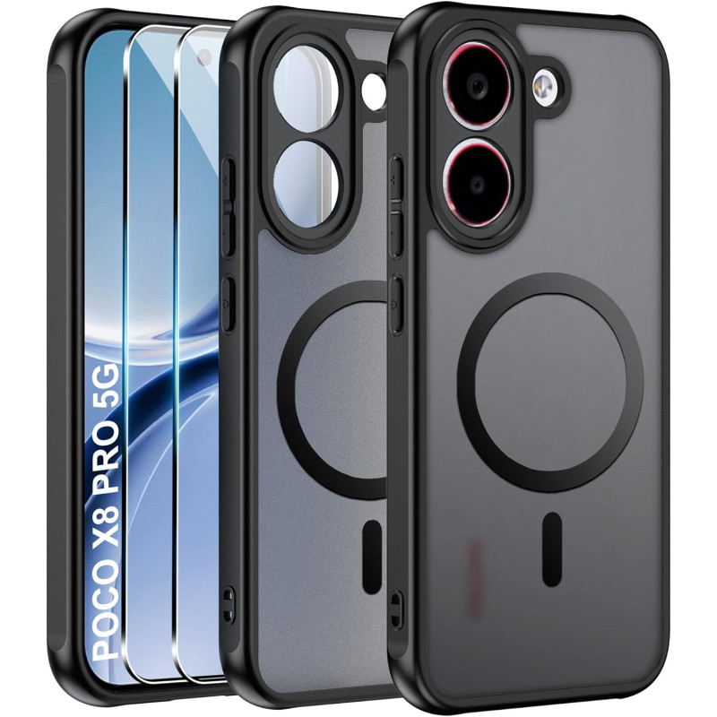 Effcotuo Magnétique Coque pour Xiaomi POCO X8 Pro 5G Case avec MagSafe avec Verre Trempé Protection écran Anti-Chute Silicone So