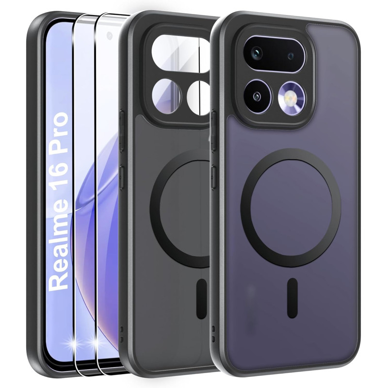 Effcotuo Magnétique Coque pour Realme 16 Pro 5G Case avec MagSafe avec Verre Trempé Protection écran Anti-Chute Silicone Souple 