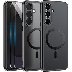 Effcotuo Magnétique Coque pour Samsung Galaxy S25 FE 5G Case avec 2 Verre Trempé Protection écran Deux, Soft Etui Silicone TPU C