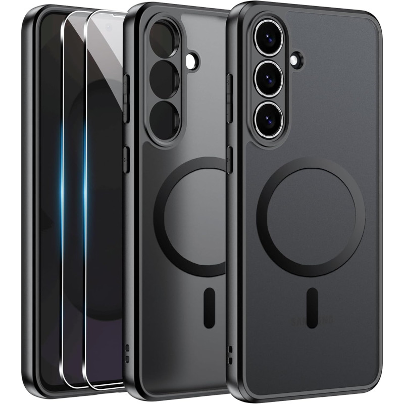 Effcotuo Magnétique Coque pour Samsung Galaxy S25 FE 5G Case avec 2 Verre Trempé Protection écran Deux, Soft Etui Silicone TPU C