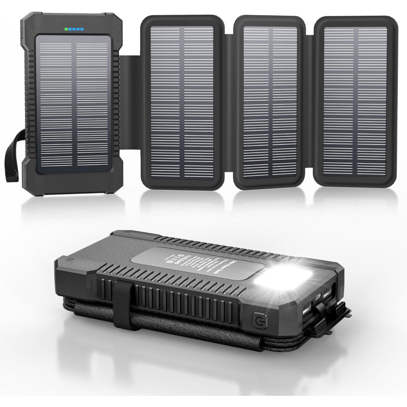Chargeur Solaire 26800 mAh avec 4 Panneaux Solaires, Batterie Externe Solaire étanche avec Charge Rapide USB-C 18W pour Téléphon