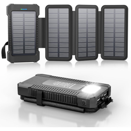 Chargeur Solaire 26800 mAh avec 4 Panneaux Solaires, Batterie Externe Solaire étanche avec Charge Rapide USB-C 18W pour Téléphon