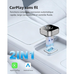 CarPlay sans Fil Adapter, Android Auto sans Fil, Mini Dongle 2-en-1 USB/USB-C Plug & Play, Convertisseur Câblé vers sans Fil, Co
