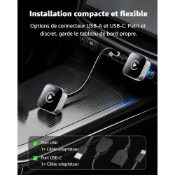 CarPlay sans Fil Adapter, Android Auto sans Fil, Mini Dongle 2-en-1 USB/USB-C Plug & Play, Convertisseur Câblé vers sans Fil, Co