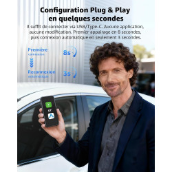 CarPlay sans Fil Adapter, Android Auto sans Fil, Mini Dongle 2-en-1 USB/USB-C Plug & Play, Convertisseur Câblé vers sans Fil, Co