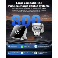 CarPlay sans Fil Adapter, Android Auto sans Fil, Mini Dongle 2-en-1 USB/USB-C Plug & Play, Convertisseur Câblé vers sans Fil, Co