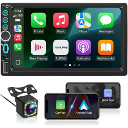 Autoradio 2 din bleutooth avec carplay & android auto sans fil, double din 7 pouces hd écran tactile, fm radio, miroir link, cam