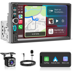 Autoradio 1 din avec écran tactile hd 7 pouces, carplay sans fil et android auto, radio voiture bleutooth mains libres, mirror l