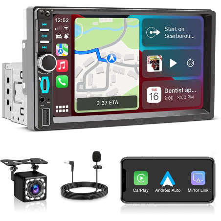 Autoradio 1 din avec écran tactile hd 7 pouces, carplay sans fil et android auto, radio voiture bleutooth mains libres, mirror l