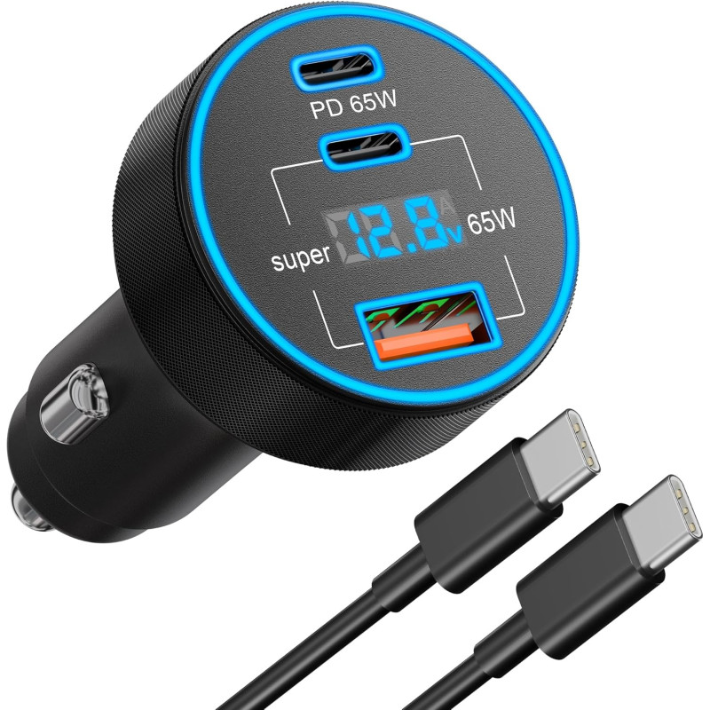 130W Chargeur Allume Cigare USB C avec LED Voltmètre, 3Ports Adaptateur 12V | Prise USB Voiture Chargeur Rapide Voiture Car Acce