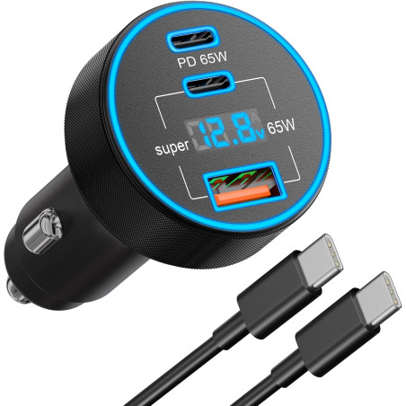 130W Chargeur Allume Cigare USB C avec LED Voltmètre, 3Ports Adaptateur 12V | Prise USB Voiture Chargeur Rapide Voiture Car Acce