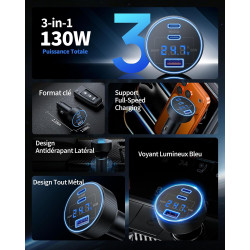 130W Chargeur Allume Cigare USB C avec LED Voltmètre, 3Ports Adaptateur 12V | Prise USB Voiture Chargeur Rapide Voiture Car Acce