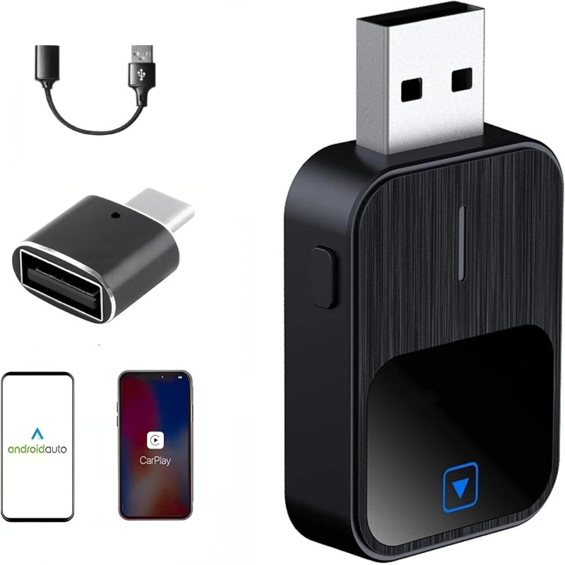 2 en 1 Adaptateur CarPlay sans Fil -Compatible avec IPhone et Android Auto sans Fil, USB/Type-C, Mini-Stable sans Délai, Plug an