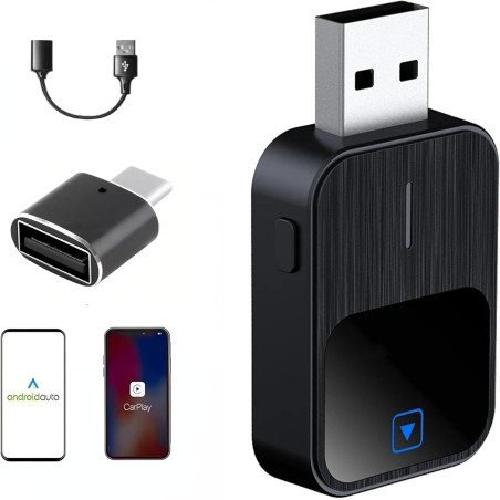 2 en 1 Adaptateur CarPlay sans Fil -Compatible avec IPhone et Android Auto sans Fil, USB/Type-C, Mini-Stable sans Délai, Plug an