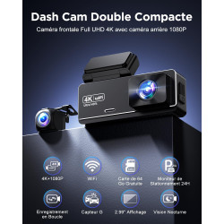 CHORTAU Dashcam Voiture Avant Arrière, 4K+1080P Camera Embarquée Voiture, WiFi Dashcam Carte 64Go Gratuite, IPS 2,99" Camera Voi