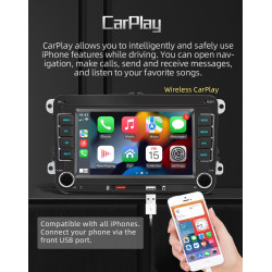 Radio vw avec carplay & android auto sans fil, écran 7 pouces, bleutooth, mirror link, eq, fm/am/rds radio, swc, autoradio pour 