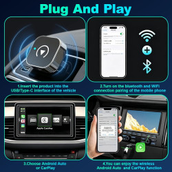 Adaptateur pour carplay et android auto sans fil 2 en 1, plug & play | reconnexion automatique, wifi 2,4+5,0 ghz bleutooth 5.0, 