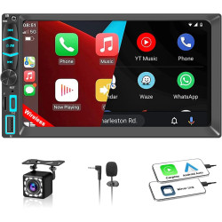 Autoradio 2 din carplay et android auto sans fil, 7 pouces ips écran tactile, poste radio avec caméra de recul, bleutooth, miroi