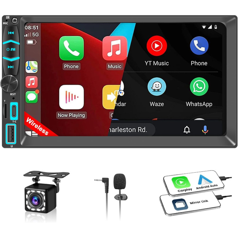 Autoradio 2 din carplay et android auto sans fil, 7 pouces ips écran tactile, poste radio avec caméra de recul, bleutooth, miroi