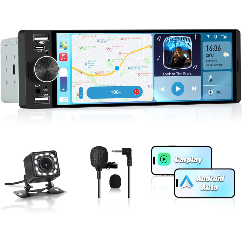 Junsun autoradio 1 din avec écran tactile 6,36", compatible carplay & android auto, bleutooth, gps, fm, charge type-c, 2 usb, mi