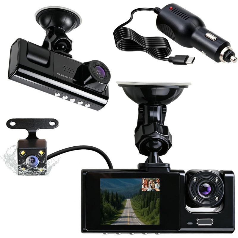 Dashcam Voiture 3 Caméras 1080P, Ángulo Ultraamplio de 170°, Vision Nocturne IR, G-Capteur, 24H Mode Stationnement, VEnregistrem