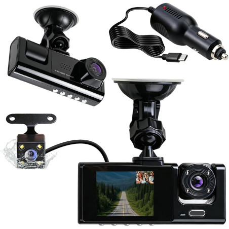 Dashcam Voiture 3 Caméras 1080P, Ángulo Ultraamplio de 170°, Vision Nocturne IR, G-Capteur, 24H Mode Stationnement, VEnregistrem