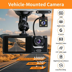 Dashcam Voiture 3 Caméras 1080P, Ángulo Ultraamplio de 170°, Vision Nocturne IR, G-Capteur, 24H Mode Stationnement, VEnregistrem
