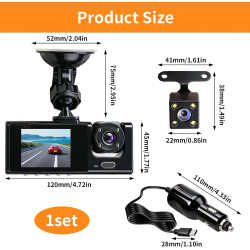 Dashcam Voiture 3 Caméras 1080P, Ángulo Ultraamplio de 170°, Vision Nocturne IR, G-Capteur, 24H Mode Stationnement, VEnregistrem
