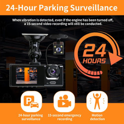 Dashcam Voiture 3 Caméras 1080P, Ángulo Ultraamplio de 170°, Vision Nocturne IR, G-Capteur, 24H Mode Stationnement, VEnregistrem