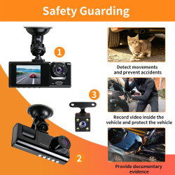 Dashcam Voiture 3 Caméras 1080P, Ángulo Ultraamplio de 170°, Vision Nocturne IR, G-Capteur, 24H Mode Stationnement, VEnregistrem
