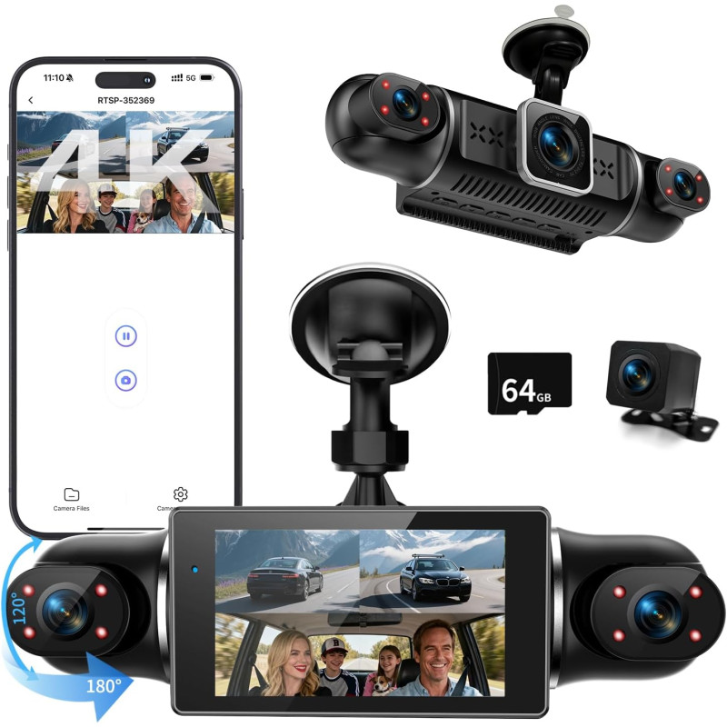 Dashcam Voiture Avant Arriere 4k/1080p,4 Canaux Caméra Embarquée Voiture Avec Carte Sd 64g,Écran Ips 3",24h Mode Parking,Grand A