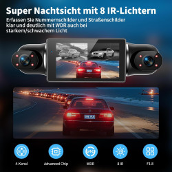 Dashcam Voiture Avant Arriere 4k/1080p,4 Canaux Caméra Embarquée Voiture Avec Carte Sd 64g,Écran Ips 3",24h Mode Parking,Grand A