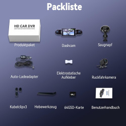 Dashcam Voiture Avant Arriere 4k/1080p,4 Canaux Caméra Embarquée Voiture Avec Carte Sd 64g,Écran Ips 3",24h Mode Parking,Grand A