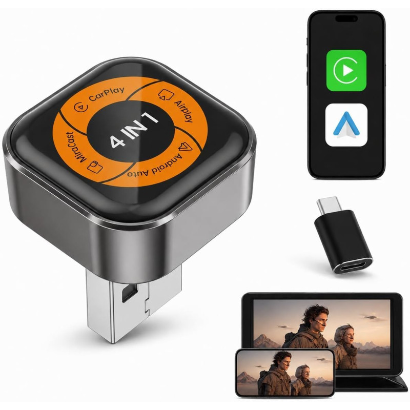 Adaptateur carplay sans fil 4-en-1 pour apple carplay & android auto, airplay & mirrorlink, diffusion d' écran voiture, wifi 5.8
