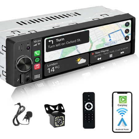 Autoradio 1 din avec écran tactile (6,3") compatible avec apple carplay [wireless] / android auto bleutooth type-c usb (charge r