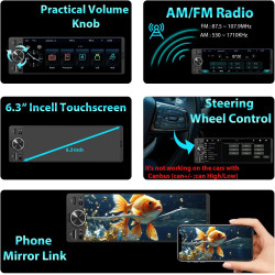 Autoradio 1 din avec écran tactile (6,3") compatible avec apple carplay [wireless] / android auto bleutooth type-c usb (charge r
