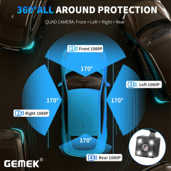 Caméra embarquée à 360°, 4 canaux, Wi-FI 5G et contrôle Via Application, GEMEK 2K Avant et arrière, intérieur, Gauche et Droite 
