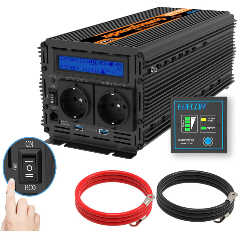 EDECOA Convertisseur 24v 220v Pur Sinus 2000w avec écran LCD 2X USB et télécommande Transformateur de Camion Onduleur 24v 230 Pu