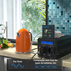 EDECOA Convertisseur 24v 220v Pur Sinus 2000w avec écran LCD 2X USB et télécommande Transformateur de Camion Onduleur 24v 230 Pu