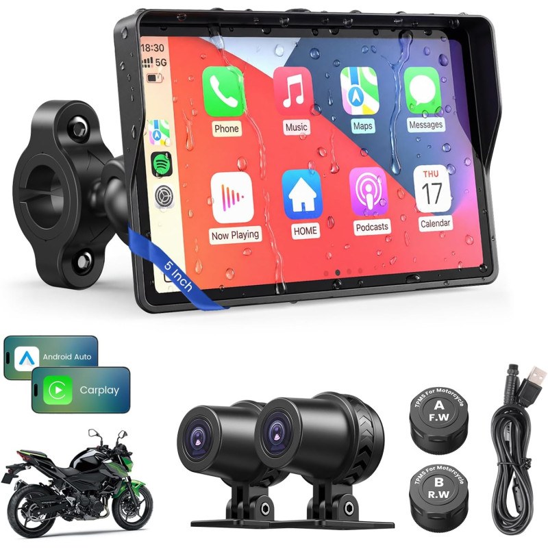 Écran motorcycle carplay avec android auto – 5” gps étanche, pantalla para moto, apple carplay, système de navigation pour moto,
