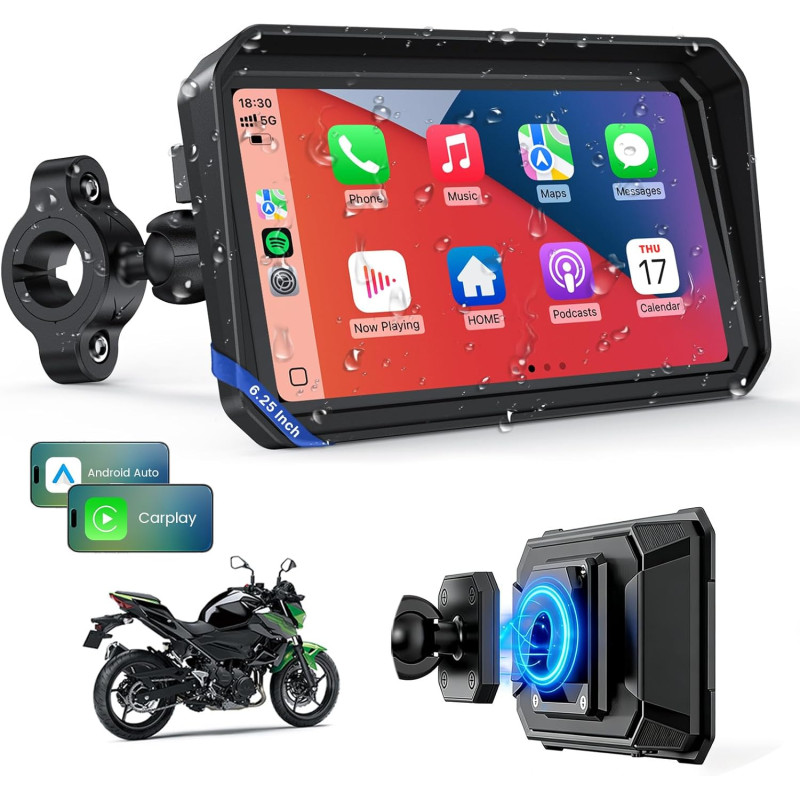 Wonvon carplay 6.25 pouces système de navigation gps pour moto avec apple carplay et android auto écran portable avec double ble