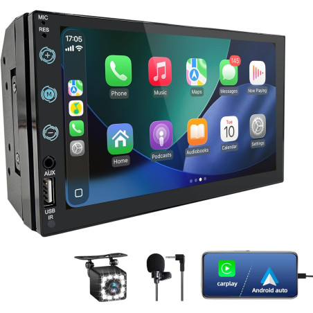 Autoradio 2 DIN avec Carplay et Android Auto - Écran Tactile 7 Pouces avec caméra de recul, Mirror Link, USB/AUX/FM, adapté aux 