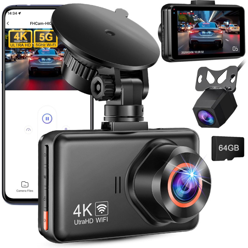 Dashcam Voiture Avant Arriere: 4K+2K 5G WiFi Camera Voiture Embarquée - Écran HD 3" avec App Contrôle Carte SD 64G Vision Noctur