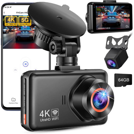 Dashcam Voiture Avant Arriere: 4K+2K 5G WiFi Camera Voiture Embarquée - Écran HD 3" avec App Contrôle Carte SD 64G Vision Noctur