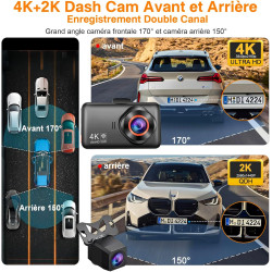 Dashcam Voiture Avant Arriere: 4K+2K 5G WiFi Camera Voiture Embarquée - Écran HD 3" avec App Contrôle Carte SD 64G Vision Noctur